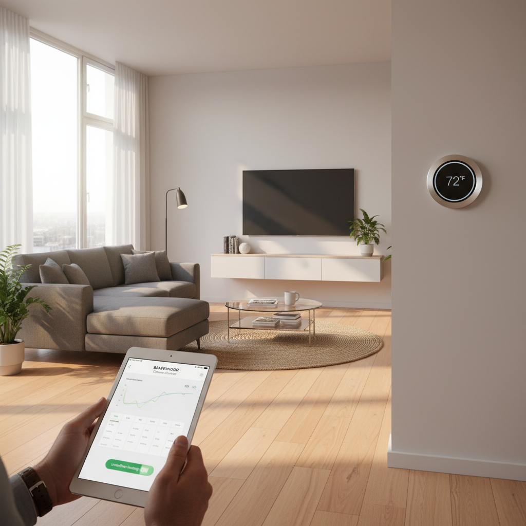 Modern living room with warm Bravewood hybrid hardwood floors, a smart thermostat on the wall, and a hand holding a tablet showing underfloor heating controls. Emphasizes smart home integration for comfort and energy savings.