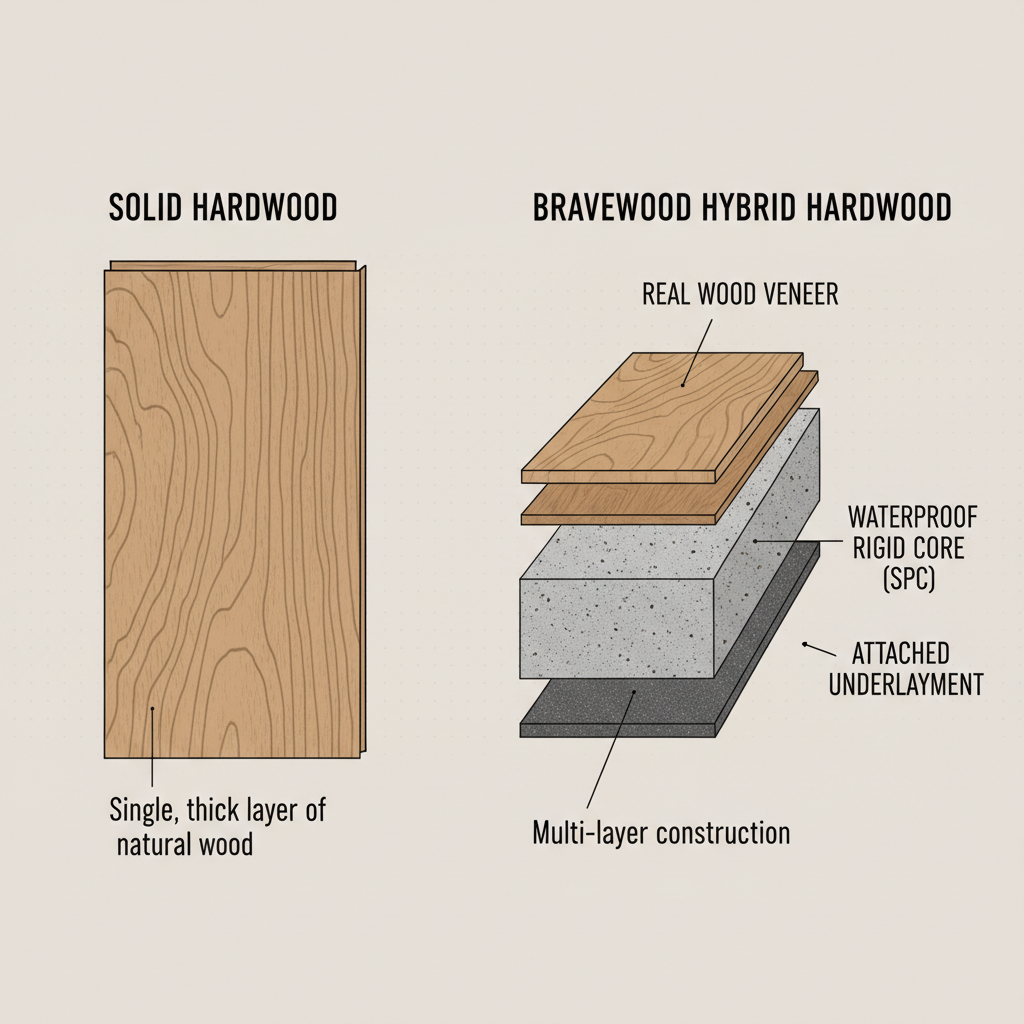 A clear, side-by-side cutaway diagram illustrating the cross-section of two flooring types. On the left, a thick, uniform plank labeled 'Solid Hardwood,' showing a single, dense wood grain throughout. On the right, a multi-layered plank labeled 'Bravewood Hybrid Hardwood,' clearly showing a thin top layer of real wood veneer, a distinct waterproof rigid core (like SPC with stone particles), and an attached underlayment layer.