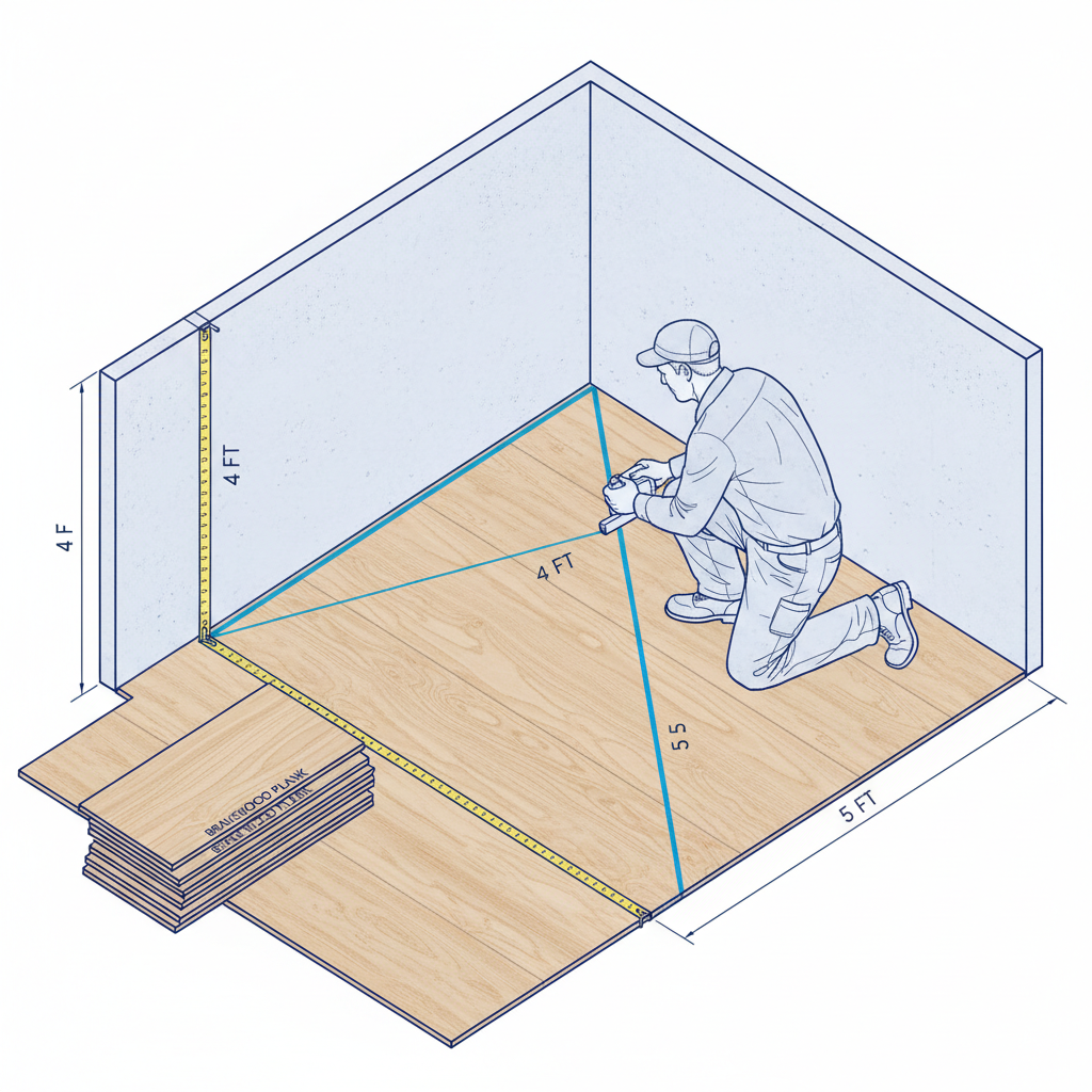 A top-down view illustration of a room corner with a professional installer marking out a precise 3-4-5 triangle. Measuring tapes clearly show 3 feet along one wall, 4 feet perpendicular into the room, and a diagonal of exactly 5 feet connecting those points. A chalk line is being snapped or is already visible, creating a perfect 90-degree control line across the subfloor. Bravewood planks are visible near the starting wall, neatly stacked and ready for installation. Style: clean, technical blueprint aesthetic with clear measurements and lines, slightly isometric perspective, emphasizing precision.