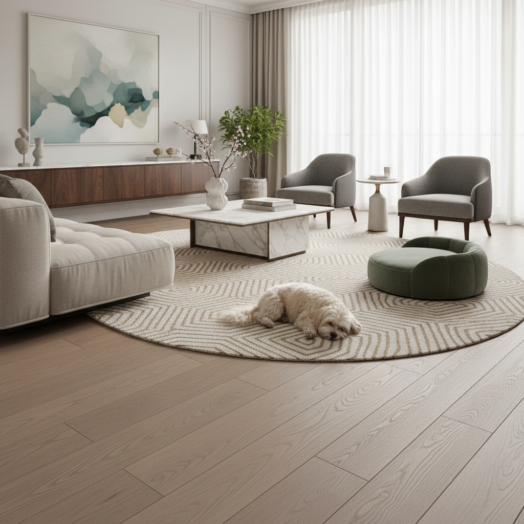 An elegant living room with a matte-finish hybrid hardwood floor, featuring a cat comfortably resting, showcasing a stylish and pet-friendly home design.