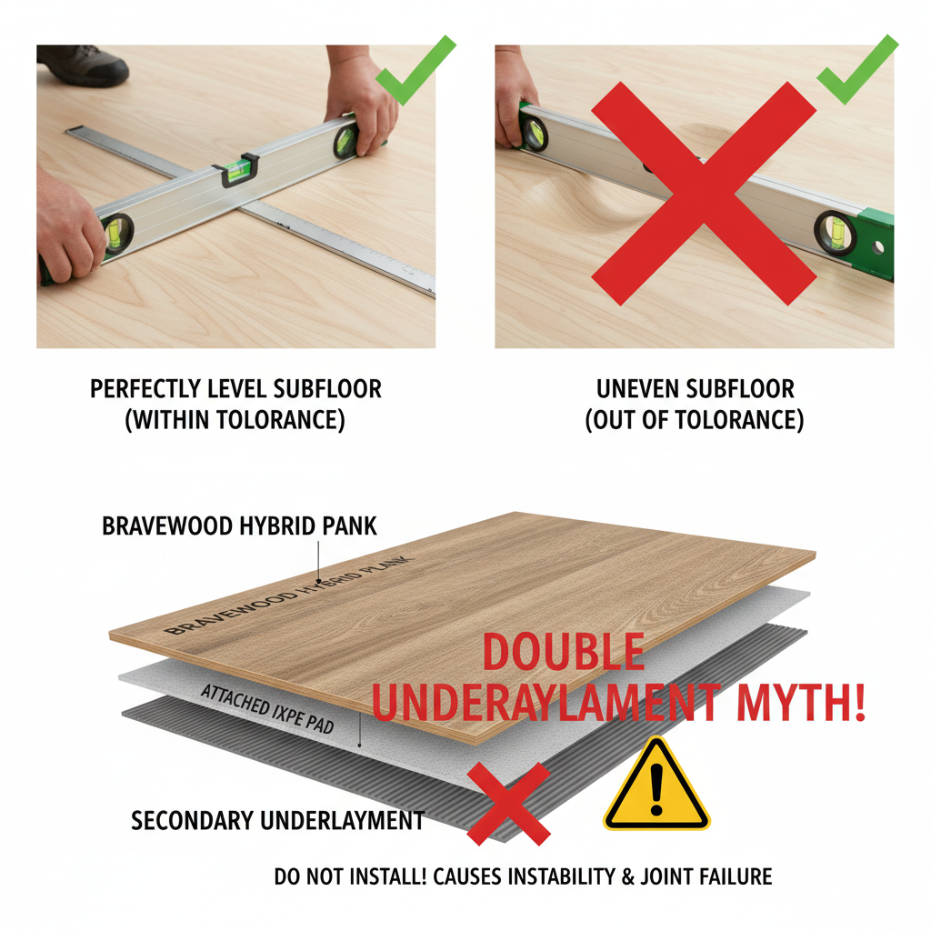A composite image showing a level subfloor, an uneven subfloor, and a cross-section illustrating the incorrect use of a secondary underlayment beneath Bravewood's attached IXPE pad.