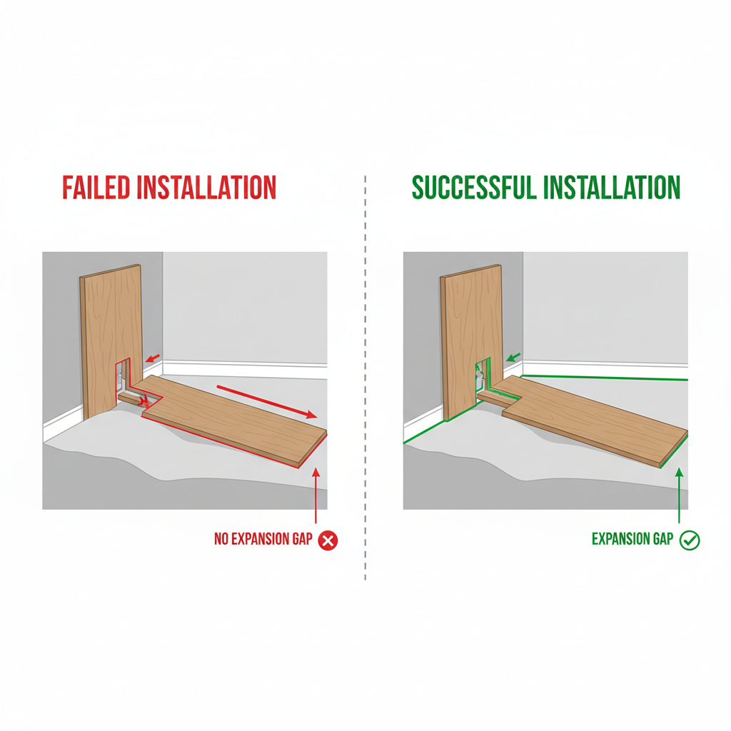 A side-by-side illustration comparing failed hybrid flooring installation (uneven subfloor, no expansion gap leading to buckling) with successful installation (flat subfloor, secure planks, and proper expansion gap).