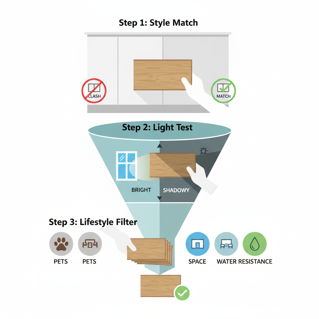 Infographic showing a three-step process for eliminating flooring samples based on clash, lighting, and lifestyle tests.