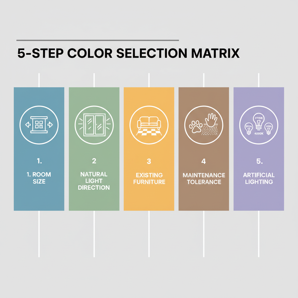 An infographic-style illustration presenting the '5-Step Color Selection Matrix'. Each step is represented by a distinct icon and brief text: 1. Room Size (an icon of a room with expanding/contracting arrows), 2. Natural Light Direction (an icon of a window with sun rays from different angles), 3. Existing Furniture (an icon of a sofa and a floor showing contrast), 4. Maintenance Tolerance (an icon of a pet paw and child's hand on a floor), 5. Artificial Lighting (an icon of lightbulbs with Kelvin temperatures). The design is clean, modern, and uses a professional color palette with clear separation between steps.