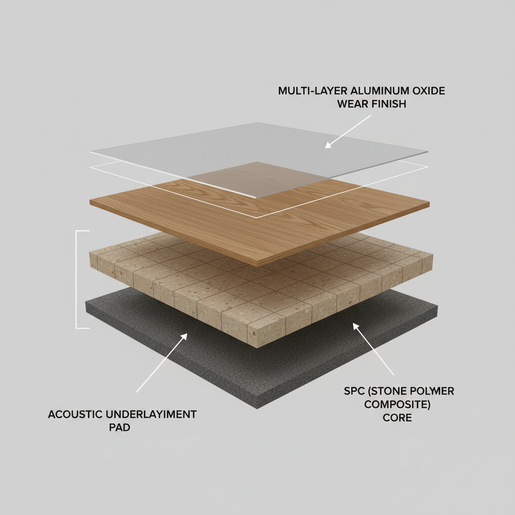 An exploded cross-section diagram showing the layers of Bravewood hybrid hardwood: acoustic underlayment, SPC core, real wood veneer, and aluminum oxide finish.