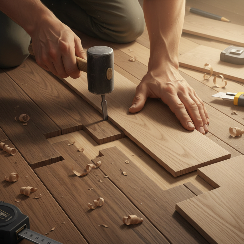 A close-up, detailed illustration of a skilled carpenter's hands performing the 'lacing in' technique to seamlessly repair or extend hardwood flooring. Show existing, aged wood planks meeting newly installed planks that are being carefully woven into a jagged edge, creating an invisible transition. The new planks should subtly appear slightly lighter, hinting at the need for finishing to match the patina of the old wood. Focus on the precision and craftsmanship. Style: realistic, detailed, warm lighting, emphasizing texture of wood and hands.
