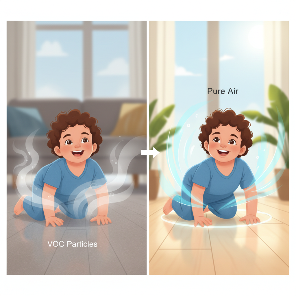 A split-scene illustration showing a toddler crawling on a floor with invisible VOC particles rising, contrasted with a toddler on a clean, healthy floor.