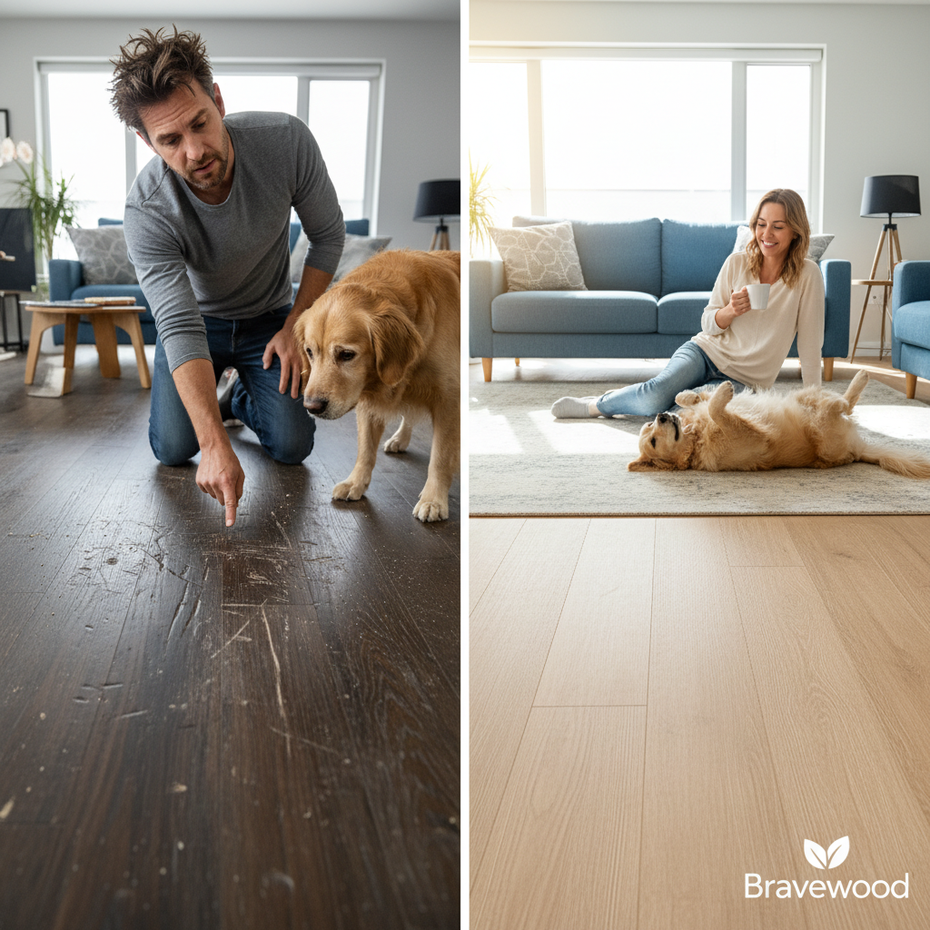 A split-screen image illustrating flooring dilemmas. The left shows a scratched, dented living room floor with a frustrated homeowner. The right displays the same room with a pristine, durable Bravewood floor and a happy, relaxed homeowner.