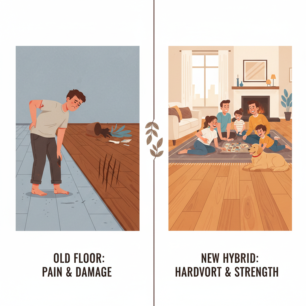 A dynamic illustration showing the contrast between traditional problematic flooring and the solution offered by hybrid hardwood.