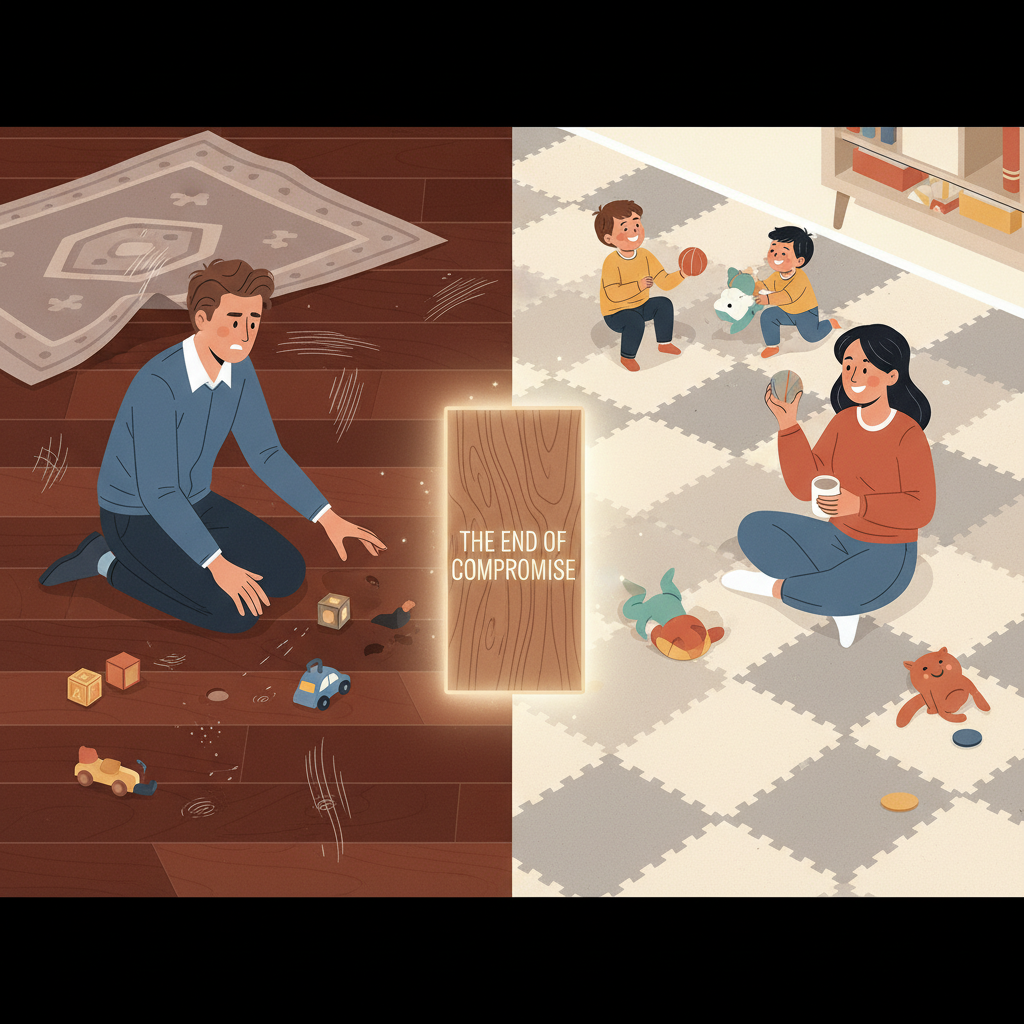 A conceptual split image illustrating a common parenting dilemma. On the left, a luxurious, traditional hardwood floor with visible scratches and dents from children's toys, a parent looking stressed. On the right, a less aesthetically pleasing, durable foam mat floor in a playroom, but with children playing freely and a relaxed parent. In the center, a glowing, elegant hybrid hardwood plank bridges the two scenes, symbolizing the 'end of compromise'.