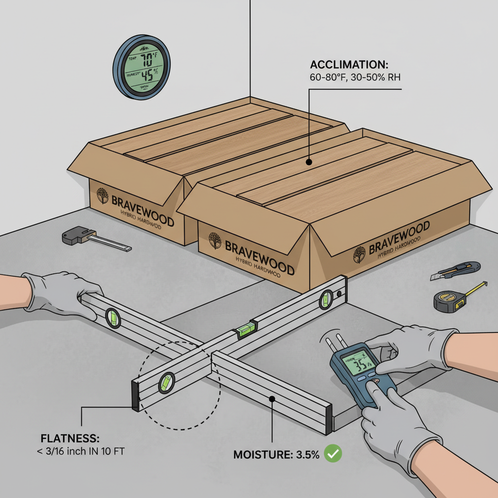 A close-up, detailed illustration of a subfloor being meticulously prepared. A hand holds a long level, checking for flatness, with a small section highlighted showing the 3/16 inch tolerance. Another hand uses a digital moisture meter on a concrete subfloor, displaying a low moisture reading. In the background, Bravewood hybrid hardwood planks are stacked neatly in open boxes, acclimating in a room with a thermometer/hygrometer visible, indicating ideal temperature and humidity. Style: realistic, technical illustration with clear labels or visual cues for flatness, moisture, and acclimation.