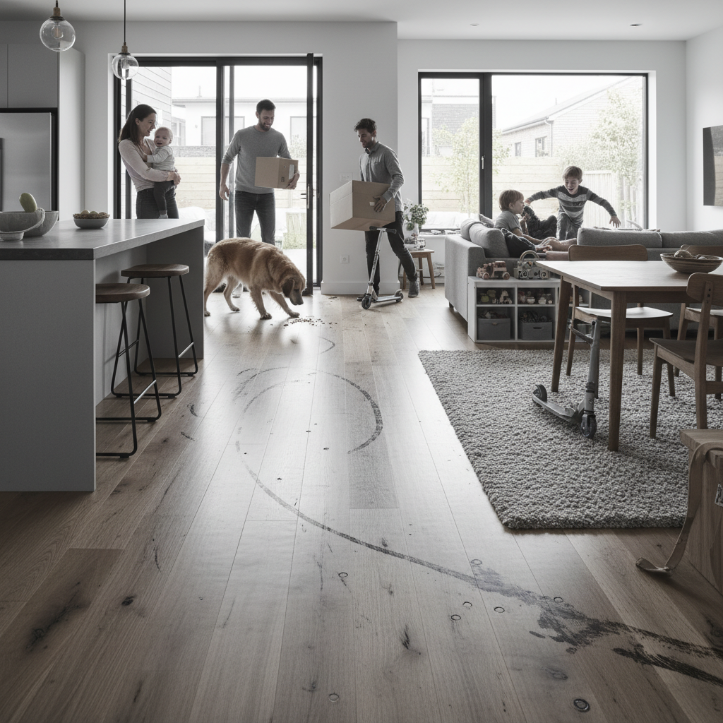 A dynamic, photorealistic scene of a modern open-concept home interior. The hardwood floor shows clear signs of wear: visible 'wear pathways' from high traffic, deep scratches from pet claws, and small dents from dropped objects. In the background, a slightly stressed or frustrated family (parents, children, and a large dog) navigates the space, highlighting the challenges of traditional hardwood in a busy environment. The overall mood is slightly chaotic, emphasizing the fragility.