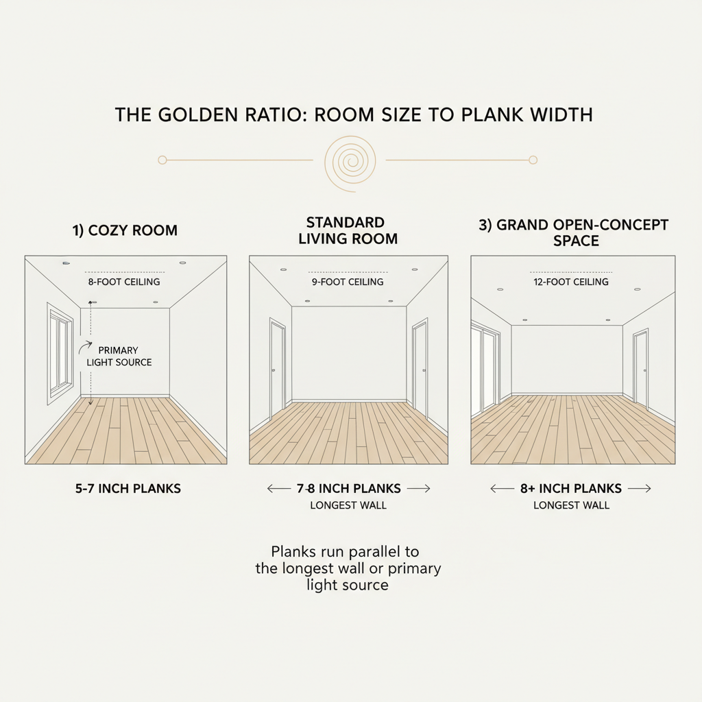 An infographic illustrating the 'Golden Ratio' of room size to plank width, showing different plank widths for rooms with 8-foot, 9-foot, and 12-foot ceilings.