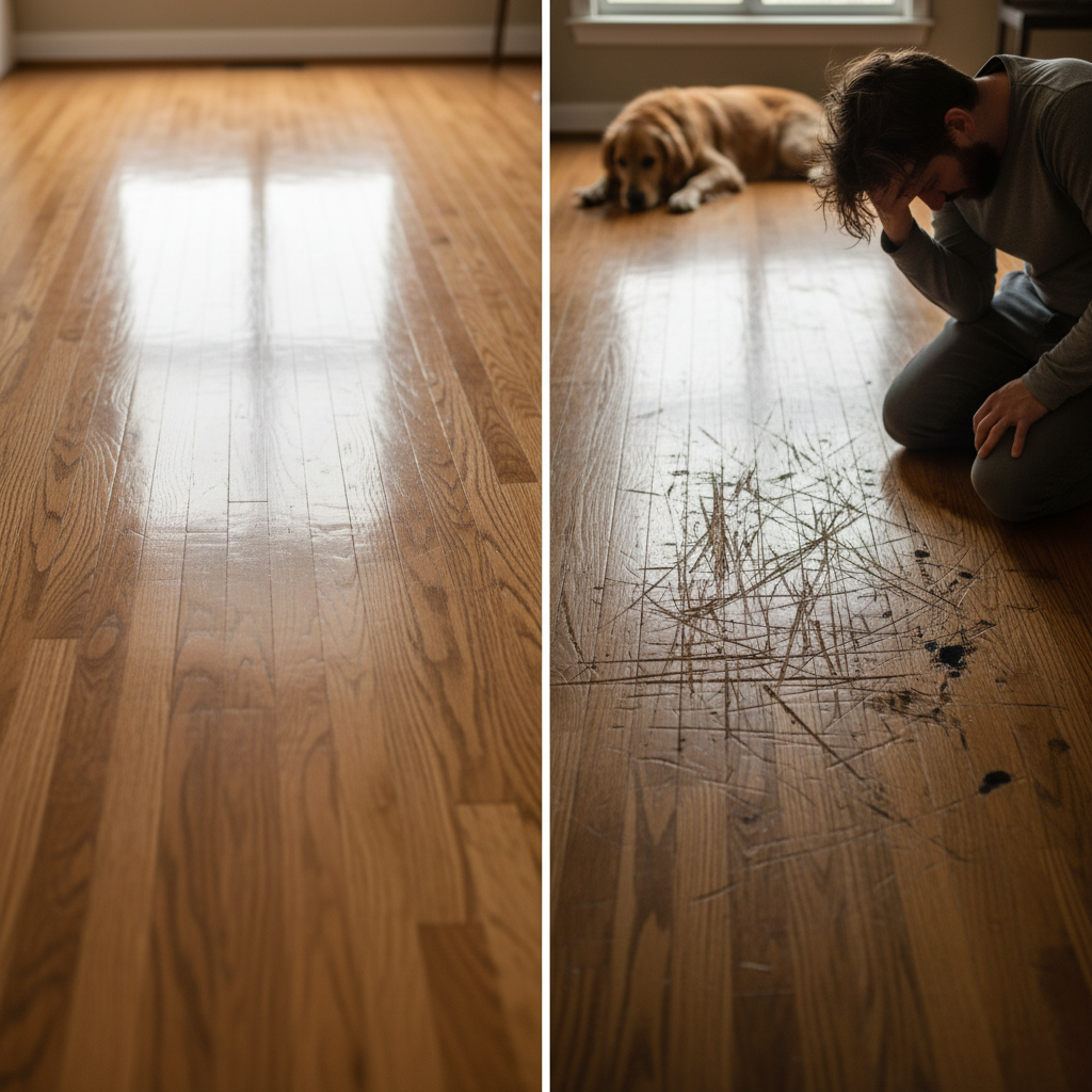 A split image showing on one side a pristine, luxurious hardwood floor and on the other side, the same floor damaged by dog scratches and stains, with a frustrated owner.