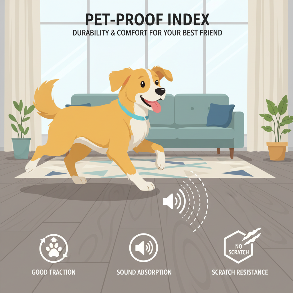 Infographic illustrating the Bravewood Pet-Proof Index, showing a dog on hybrid hardwood with visual cues for traction, sound absorption, and scratch resistance.
