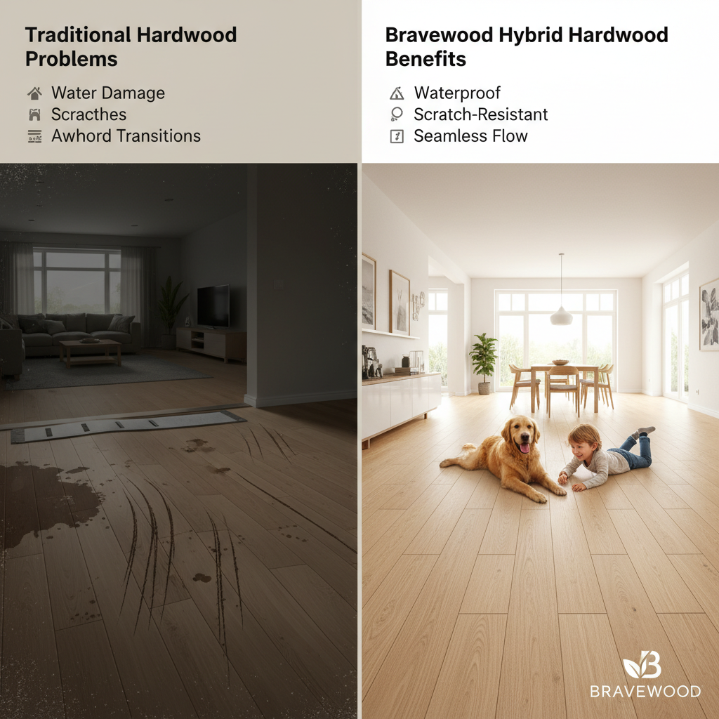 A split-panel illustration comparing traditional hardwood flooring problems with the benefits of hybrid hardwood, showing water damage, scratches, and transition strips on one side, and a pristine, seamless hybrid floor on the other.