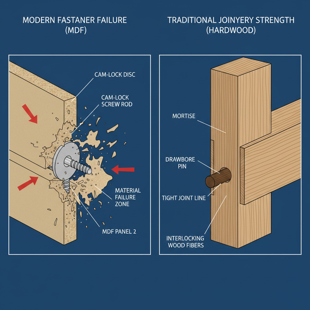 A technical illustration comparing failing cam-lock fasteners in MDF with strong, traditional drawbored mortise and tenon or half-blind dovetail joints in solid wood.