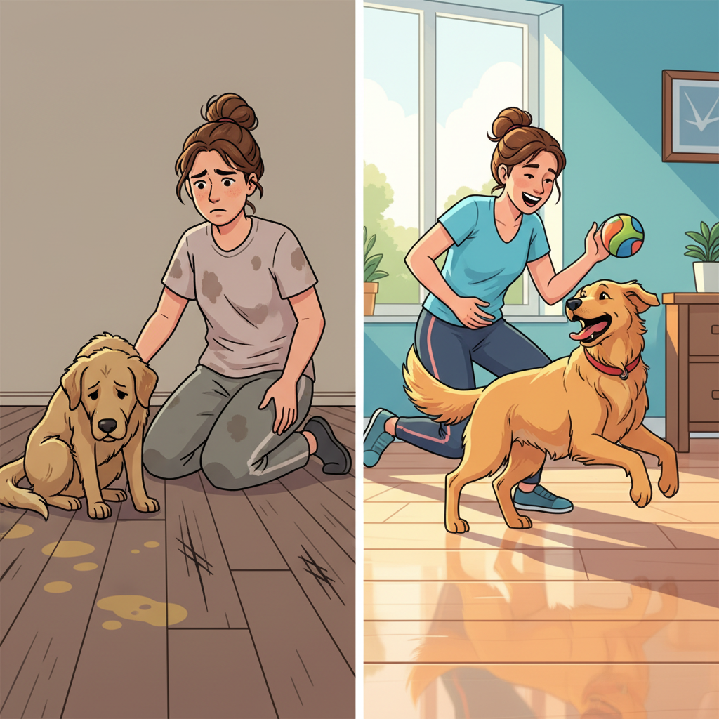 A split image showing a distressed pet owner with damaged hardwood on the left, and a happy owner with a pet on pristine hybrid hardwood on the right, symbolizing the solution to pet flooring problems.