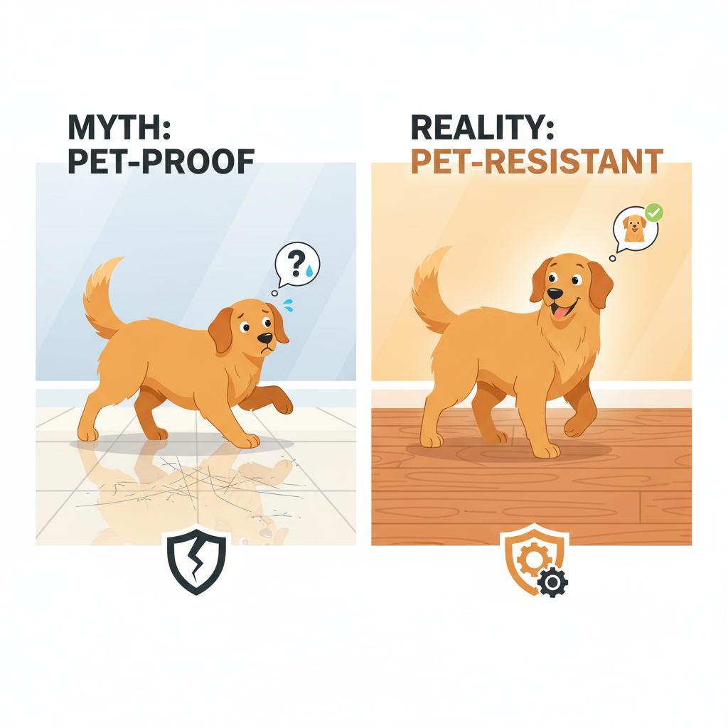 A dynamic illustration comparing 'pet-proof' myths with 'pet-resistant' realities, showing a dog slipping on a slick floor vs. walking confidently on a textured, durable floor.