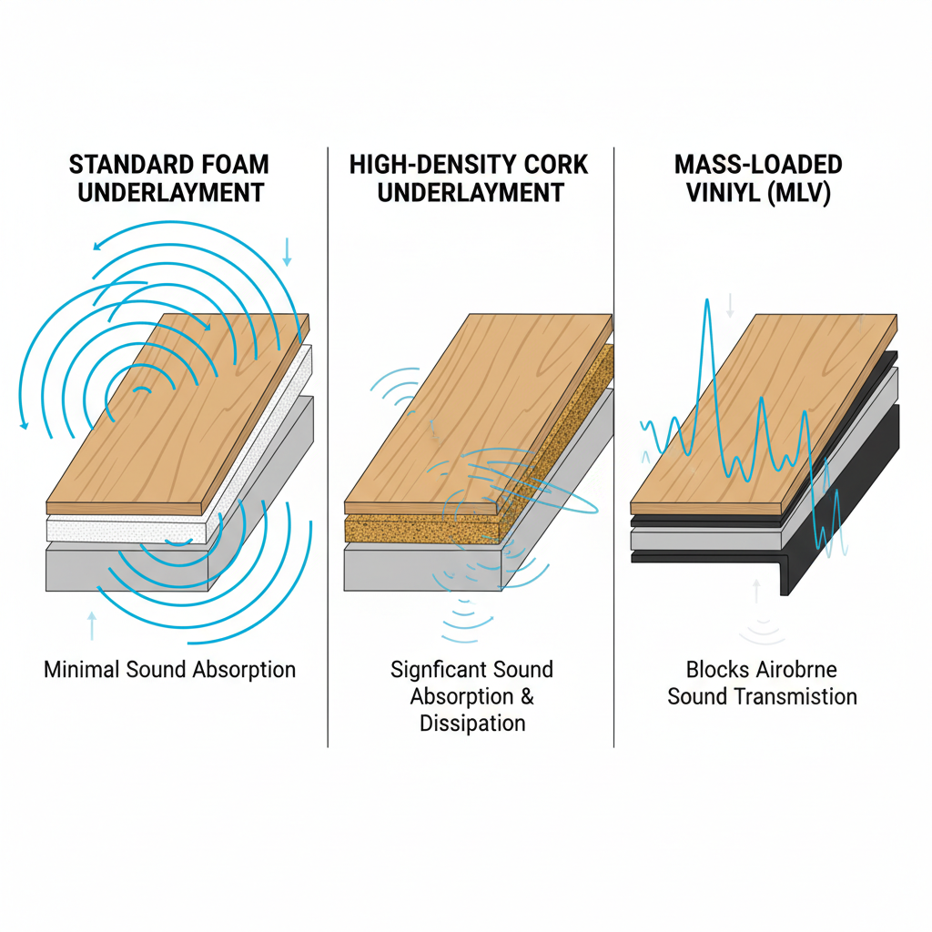 Visual comparison of different acoustic underlayment materials (standard foam, cork, MLV) beneath a hardwood floor, illustrating their varying sound absorption capabilities.