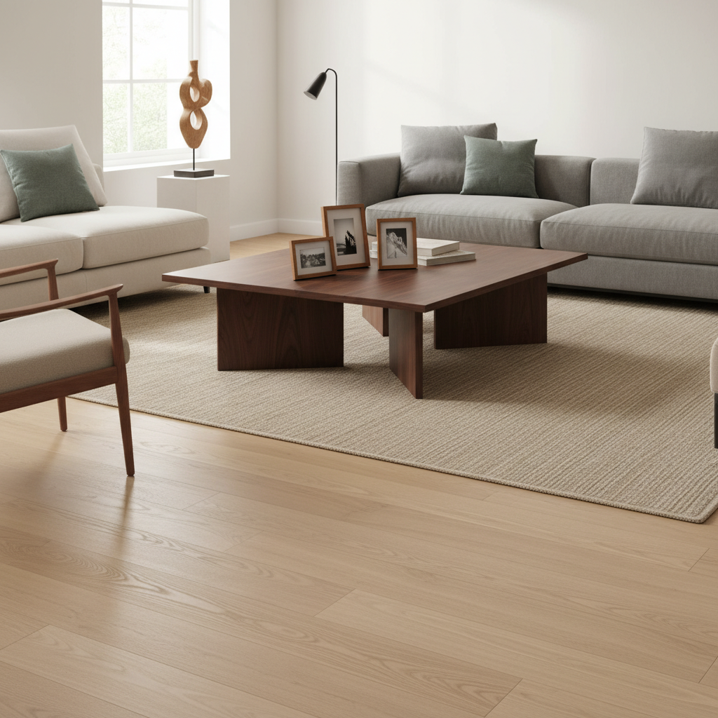 A stylish interior living room scene demonstrating the 'Rule of Three' for mixing wood tones. The dominant wood tone is a light, natural Bravewood hybrid hardwood floor (e.g., Oak Whisper). The secondary wood tone is a contrasting, darker piece of furniture, such as a modern dining table or coffee table (e.g., dark walnut). The accent wood tone is subtly incorporated in smaller decorative elements like picture frames, a side chair leg, or a wooden sculpture (a medium-brown tone that bridges the dominant and secondary). The overall aesthetic is harmonious and sophisticated.