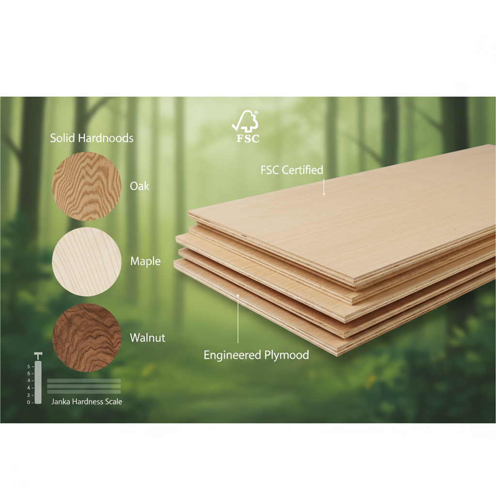 A visually appealing, informative composition showcasing different types of wood materials. On one side, several polished cross-sections of solid hardwoods (e.g., oak, maple, walnut) with clear, distinct grain patterns, accompanied by a small, subtle graphic representing the Janka Hardness Scale. On the other side, a detailed, layered cutaway of high-grade engineered plywood, clearly showing its perpendicular wood veneer layers for dimensional stability. In the background, a subtle, stylized FSC (Forest Stewardship Council) logo or a lush, green forest motif, symbolizing sustainable sourcing.