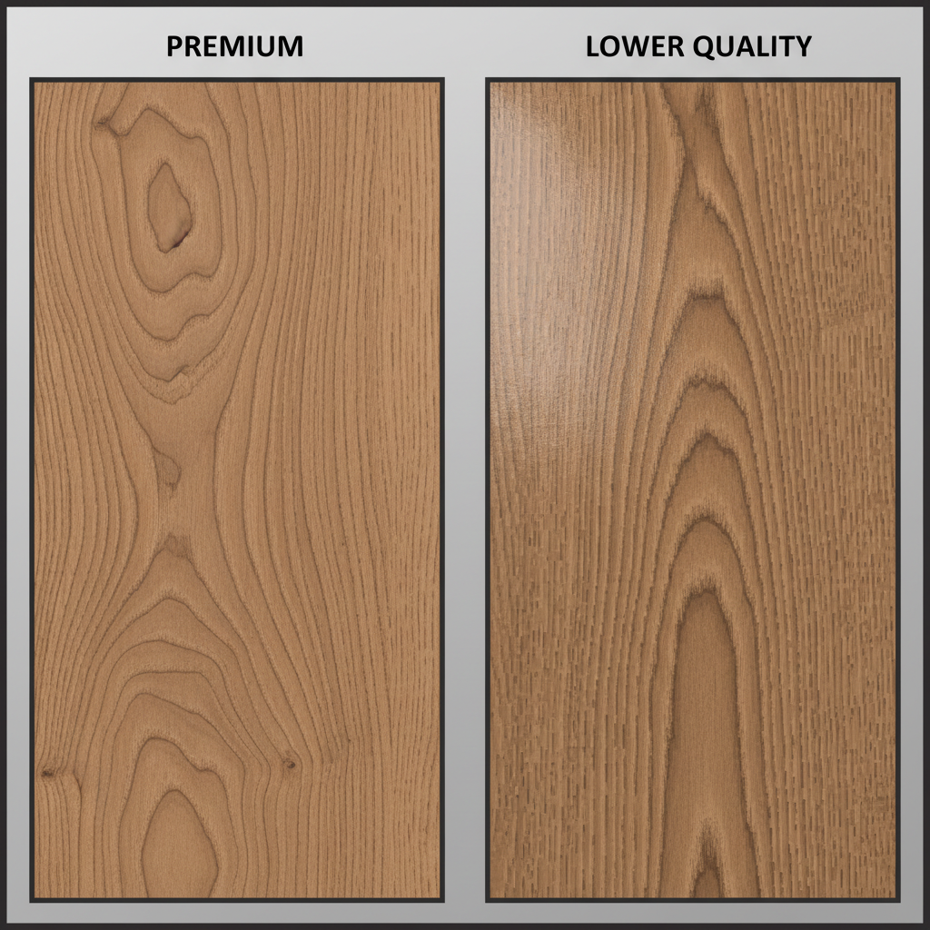 Close-up comparison of premium hybrid flooring with realistic EIR texture versus lower quality flooring with pixelation and glossy finish.