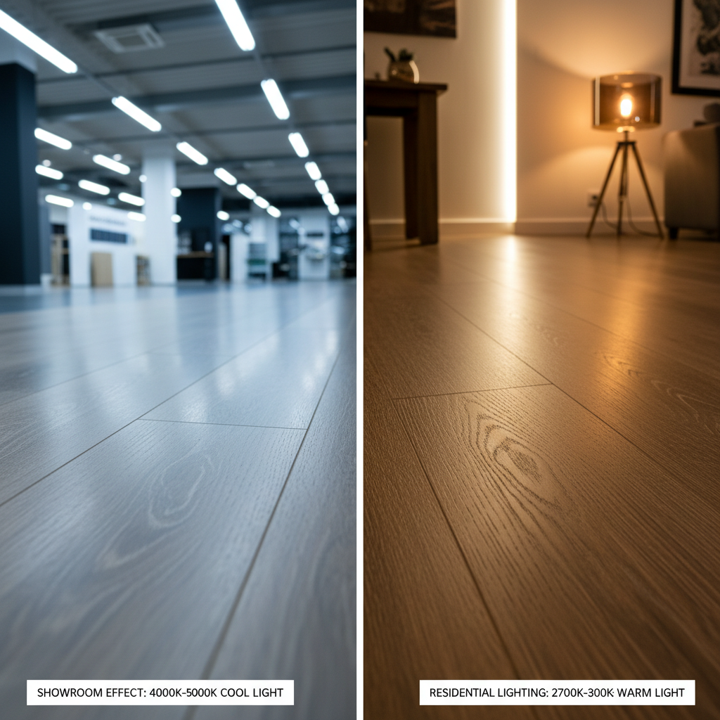 A split-panel image contrasting the 'Showroom Effect' with residential lighting. On the left panel, a close-up of a Bravewood hybrid hardwood sample under harsh, cool-white fluorescent lights (4000K-5000K), making the floor appear cool gray or muted. On the right panel, the exact same flooring sample under warm, inviting residential lighting (2700K-3000K), revealing its true warm, rich brown or oak tones. The setting should be a subtle, modern interior. Style: photorealistic, clear contrast, educational.