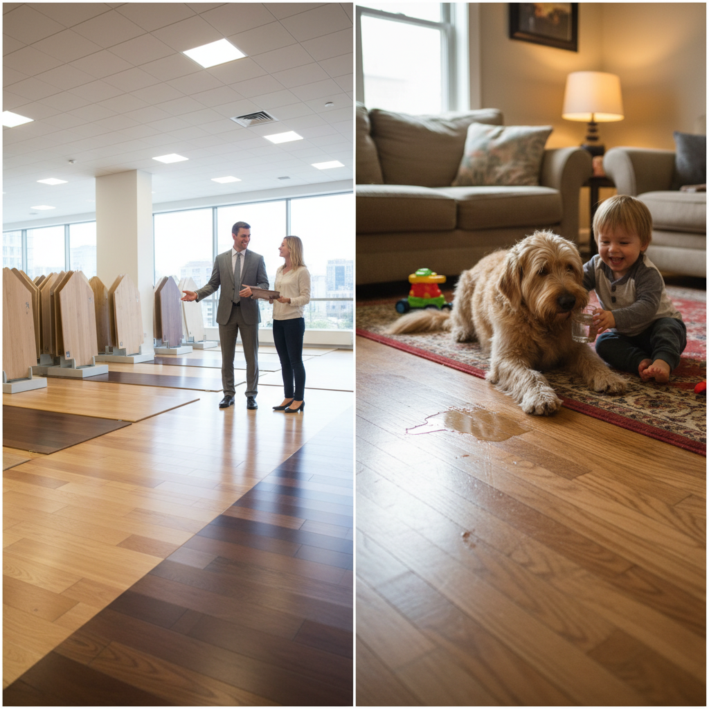 A split-screen image showing a pristine flooring showroom on one side and a chaotic home with pets and spills on the other, highlighting the contrast between ideal and real-world flooring conditions.