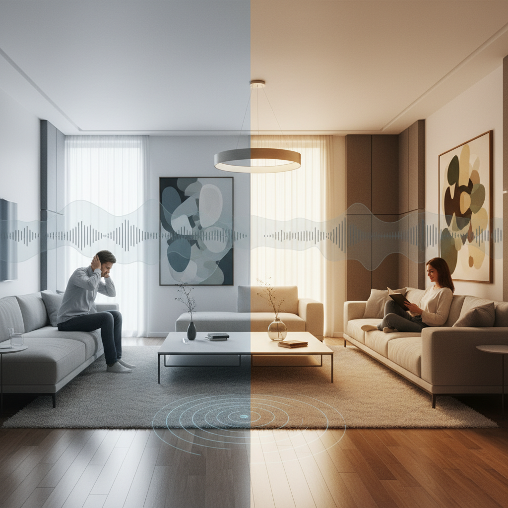 A split image illustrating a noisy living room on the left with echoes and a serene, quiet living room on the right with sound absorption.