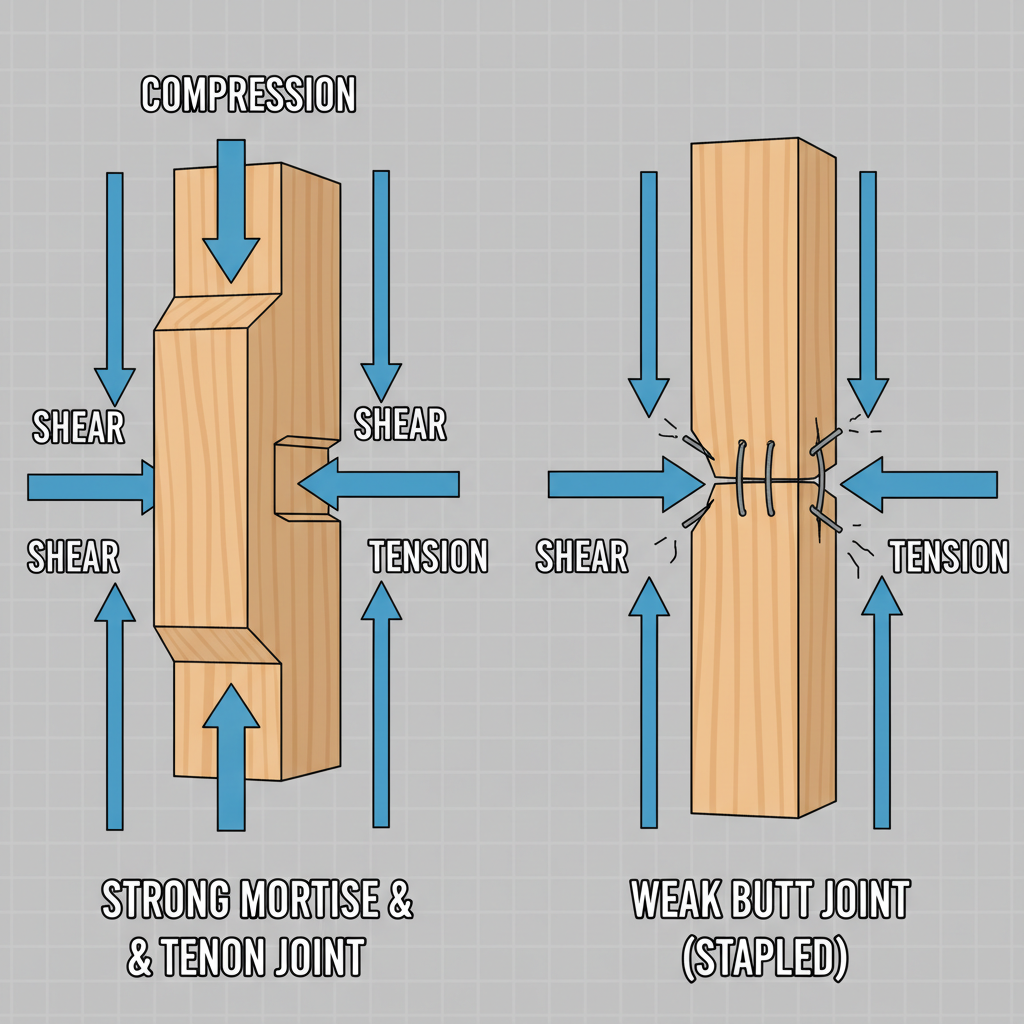 A detailed, cutaway technical illustration of high-quality woodworking joinery, specifically a mortise and tenon joint, on a piece of wooden furniture. Transparent arrows clearly indicate forces of compression, shear, and tension being effectively resisted by the interlocking structure. Next to it, a contrasting, simplified illustration of a weak butt joint held together by staples, with similar arrows showing it failing and separating under the same forces.