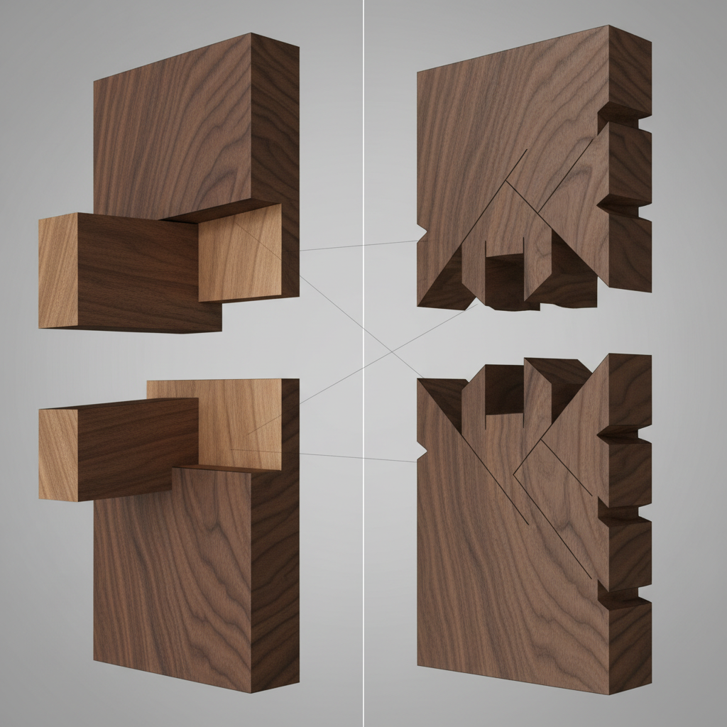 A close-up, detailed 3D render or illustration showcasing two classic woodworking joints: a mortise-and-tenon joint and a dovetail joint. Each joint should be shown both fully assembled and slightly exploded to clearly reveal their interlocking mechanical structure and large surface area for glue. The wood should be a rich, solid hardwood like oak or walnut, with a clear, prominent grain. Style: clean, precise, educational, with warm, natural lighting and a focus on the intricate details of the joinery.
