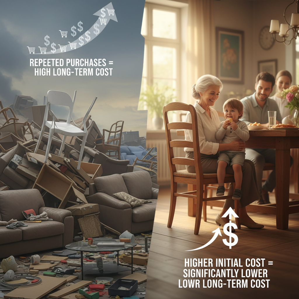 A dynamic split-screen image. On the left, a flimsy, mass-produced dining chair collapsing and breaking, surrounded by discarded, broken furniture pieces in a stylized landfill, with a subtle, rising graphic indicating repeated purchases and high long-term cost. On the right, a beautifully crafted, sturdy wooden dining chair, looking timeless and elegant, being enjoyed by multiple generations (e.g., a grandparent and grandchild) in a warm, inviting home, with a single, prominent graphic indicating a higher initial but significantly lower long-term cost.