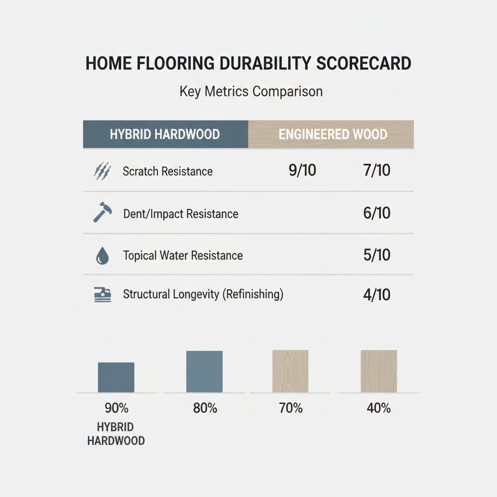 An infographic scorecard comparing hybrid hardwood and engineered wood across metrics like scratch resistance, dent resistance, water resistance, and structural longevity with numerical ratings.