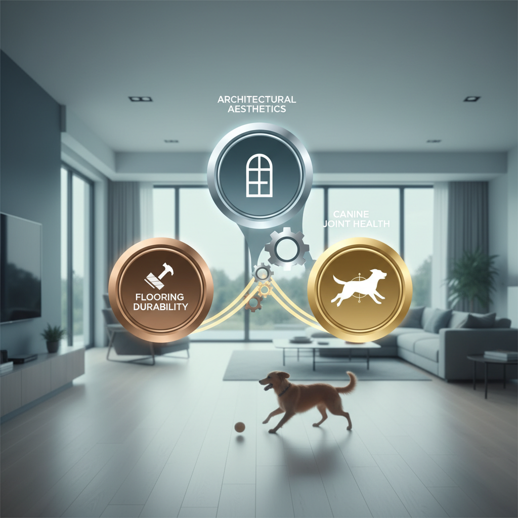 A balanced, infographic-style illustration. Three interconnected gears or scales representing 'Architectural Aesthetics,' 'Flooring Durability,' and 'Canine Joint Health.' In the background, subtle imagery of a modern home interior with a happy, active dog. The overall style should be clean, modern, and informative, with a harmonious color palette and clear labels for each element.