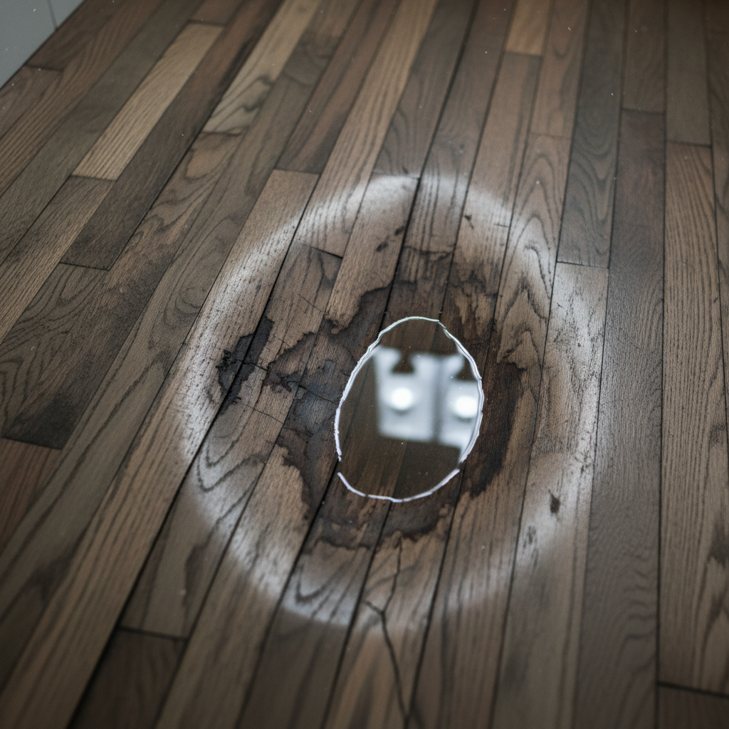 A dramatic, close-up shot of traditional hardwood flooring in a bathroom showing severe moisture damage. The wood planks are visibly cupped and crowned, with dark water stains seeping into the seams. A small puddle of water reflects the bathroom light, emphasizing the wet environment. The scene conveys a sense of decay and failure.