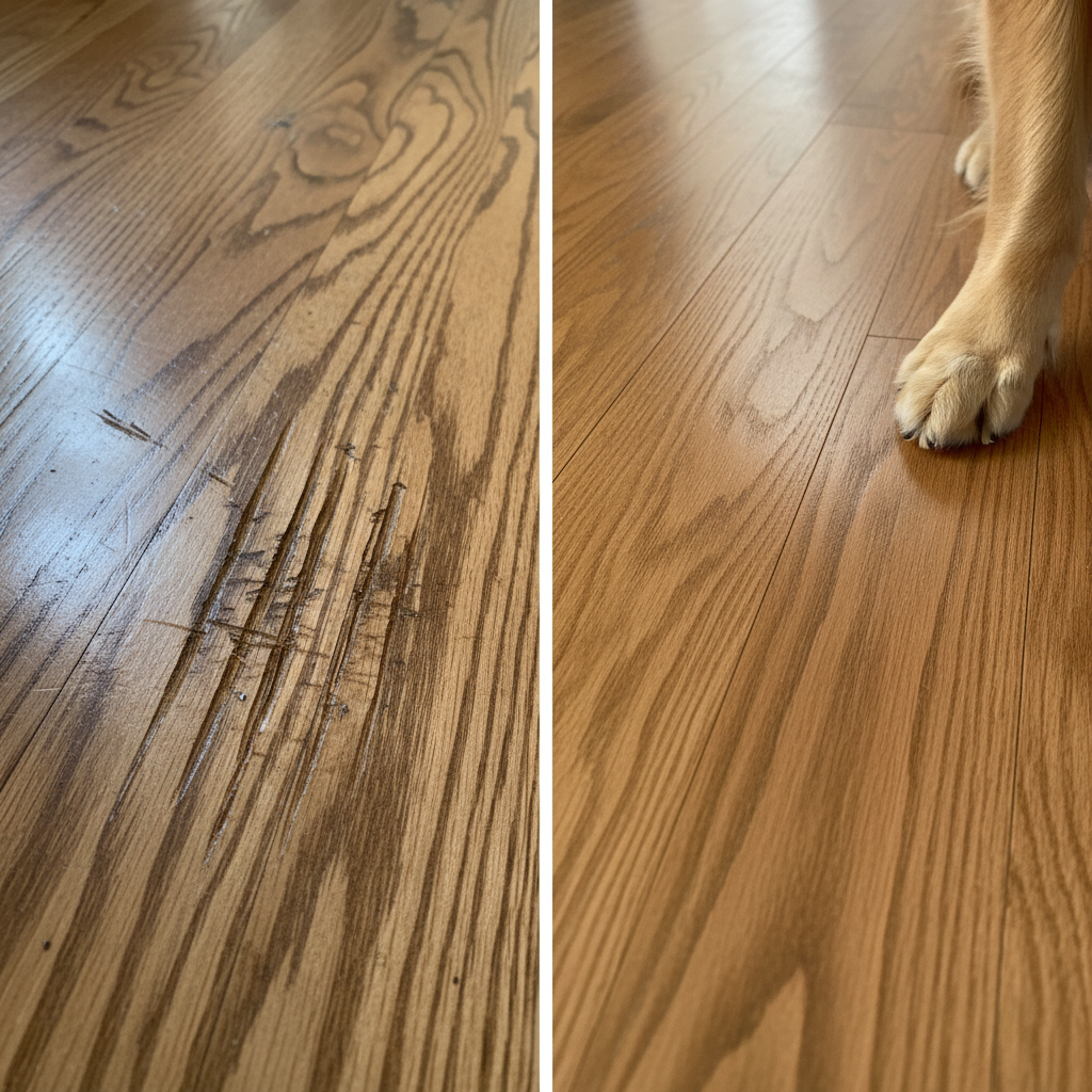 A split image comparing traditional hardwood (left, scratched, stained) with Bravewood hybrid hardwood (right, pristine, dog paw), highlighting Bravewood's pet-proof durability.