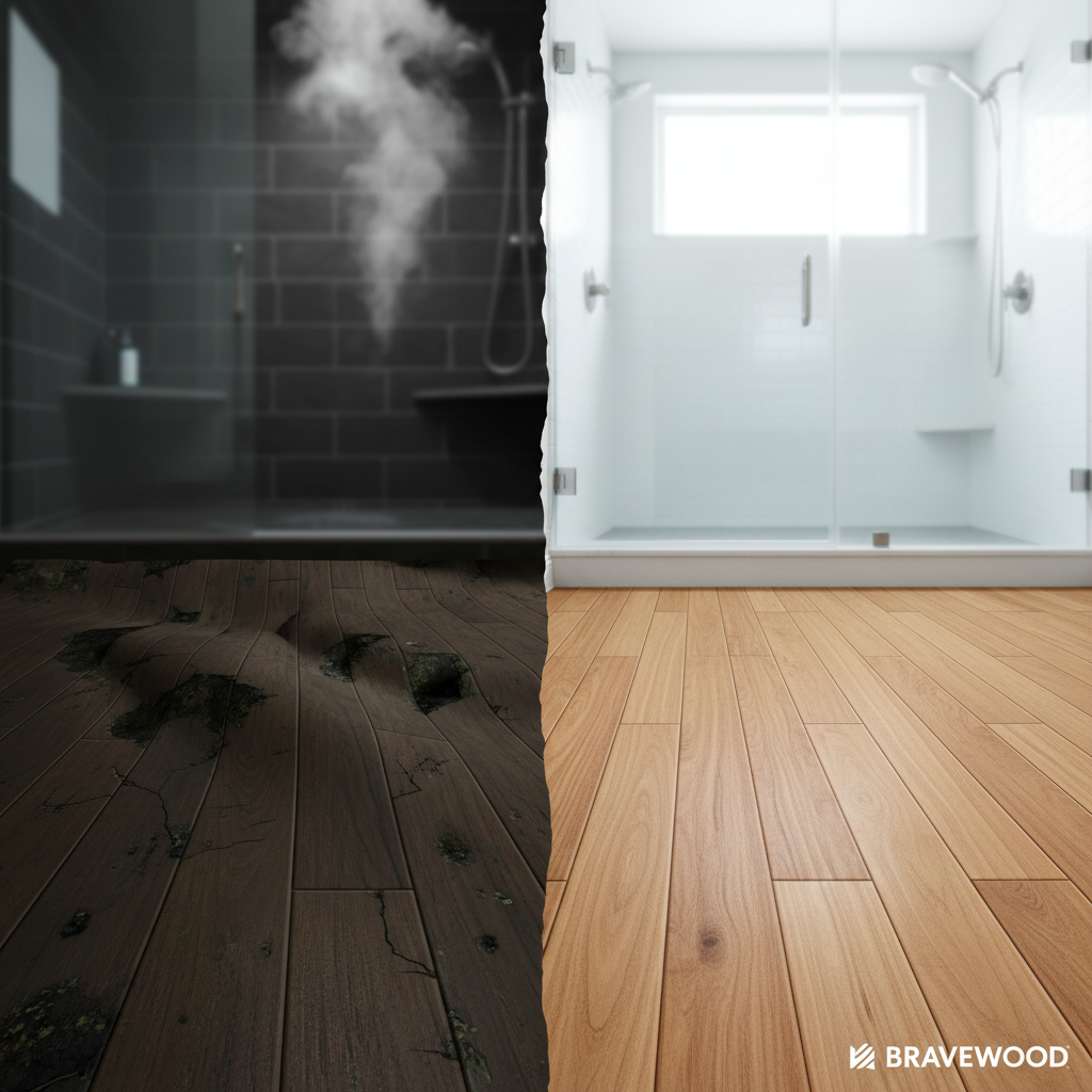 A split image showing severely warped traditional hardwood on one side and pristine Bravewood hybrid hardwood on the other, both in a bathroom setting, highlighting the difference in water damage resistance.