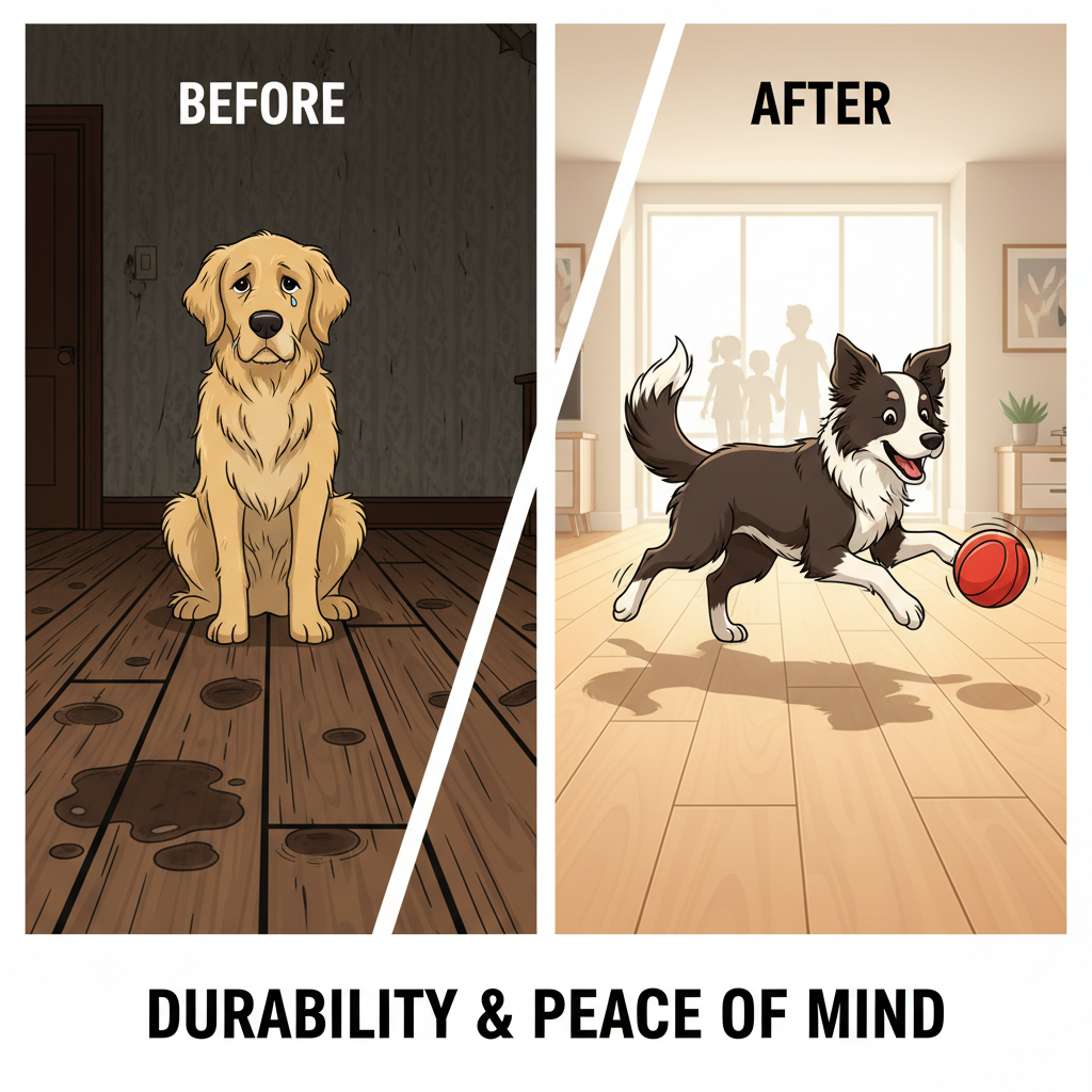 A dynamic, split-screen illustration. On the left, a traditional wooden floor with visible deep scratches, dents, and dark urine stains, with a sad-looking dog looking at the damage. On the right, a pristine, modern hybrid hardwood floor with a happy, active dog playing, showing no signs of damage. The style should be clean, illustrative, and contrasting, emphasizing the durability and peace of mind.