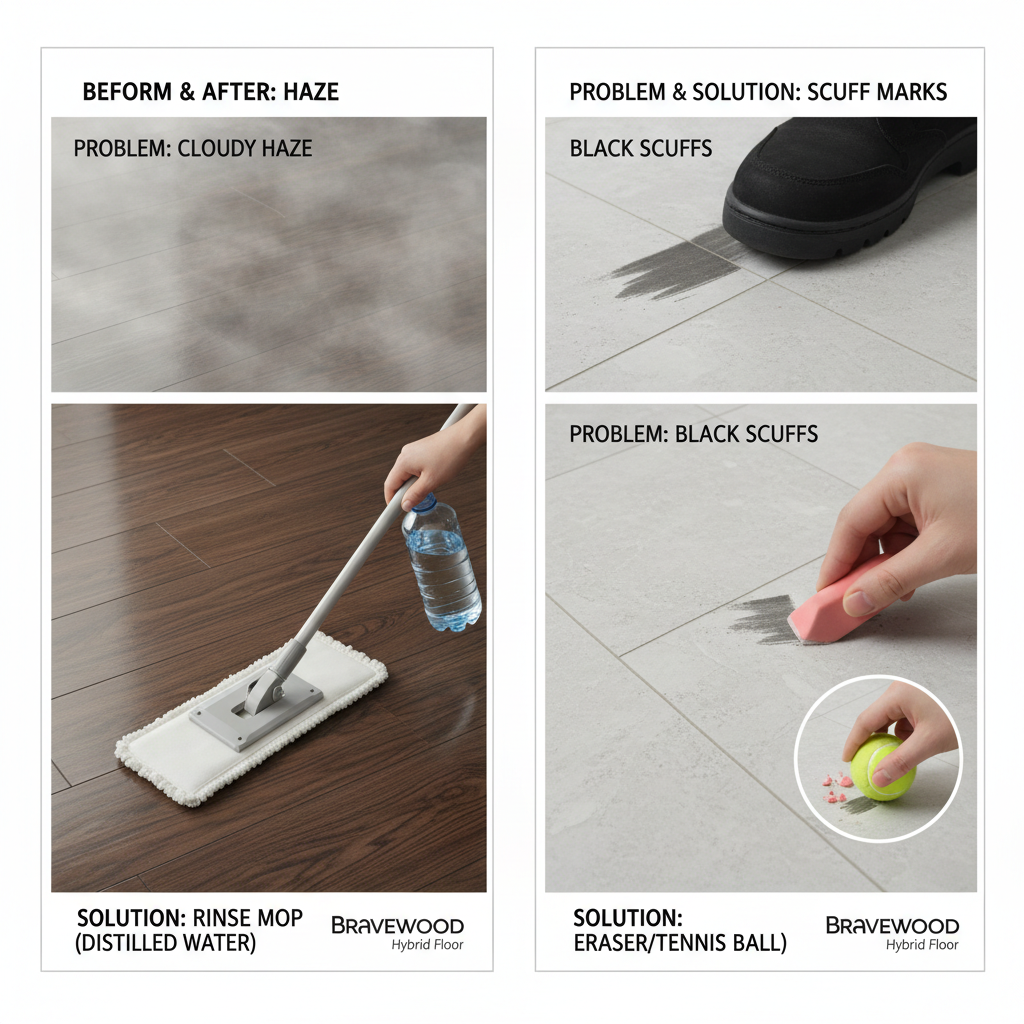 Illustration showing how to remove cloudy haze with a rinse mop and how to remove scuff marks with a pink eraser or tennis ball on hybrid floors.