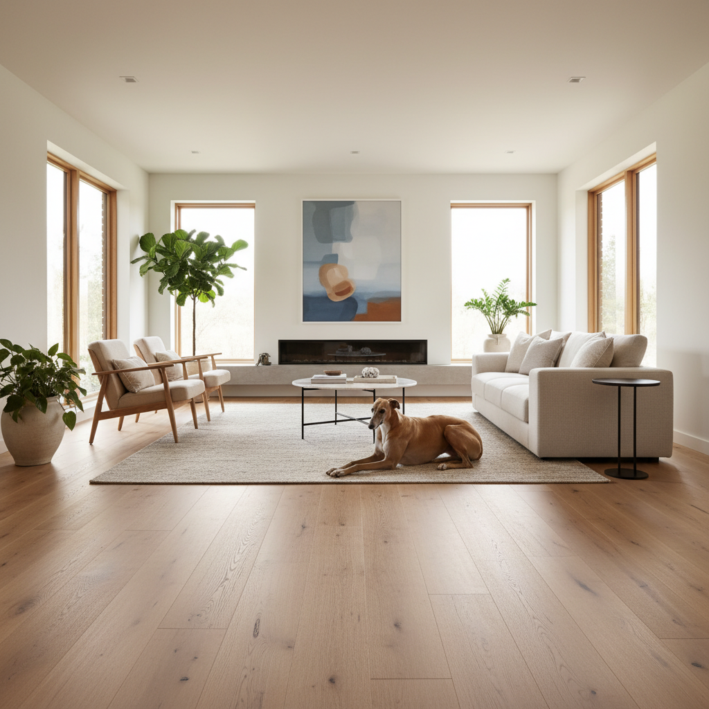 Photorealistic image of a modern living room with wide-plank Bravewood hybrid hardwood, featuring a dog comfortably lounging, demonstrating aesthetic appeal and durability.