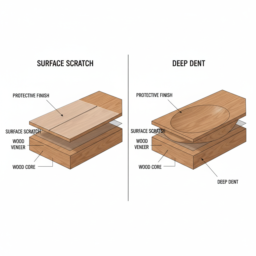 A clear, educational infographic or split illustration distinguishing between 'Surface Scratch' and 'Deep Dent' on a wood floor. The left panel shows a magnified view of a wood plank with a superficial scratch affecting only the transparent protective finish layer. The right panel shows a magnified cross-section of a wood plank with a deep dent that has compressed and damaged the wood core beneath the finish. Use clear, concise labels for 'Protective Finish', 'Wood Veneer', 'Wood Core', 'Surface Scratch', and 'Deep Dent'.