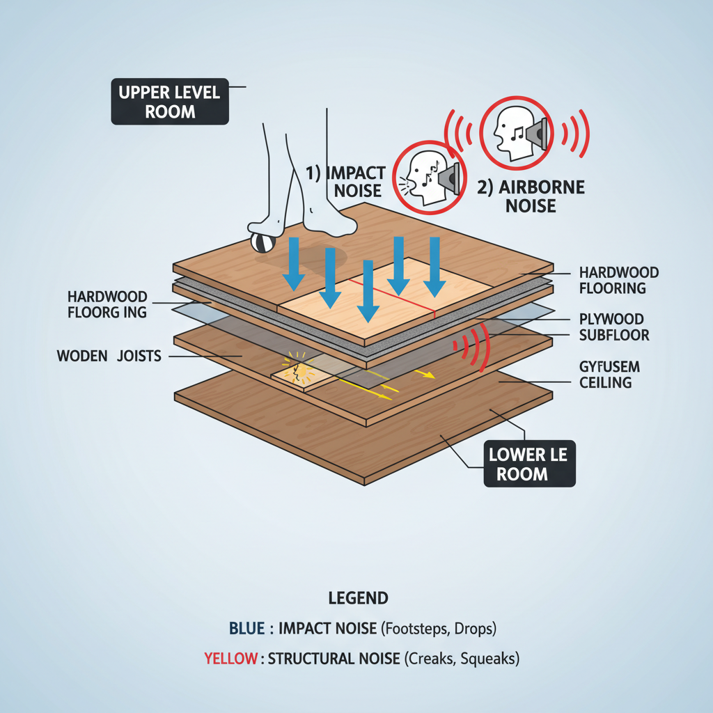 Infographic showing a cross-section of a floor assembly with visual representations of impact noise, airborne noise, and structural noise.