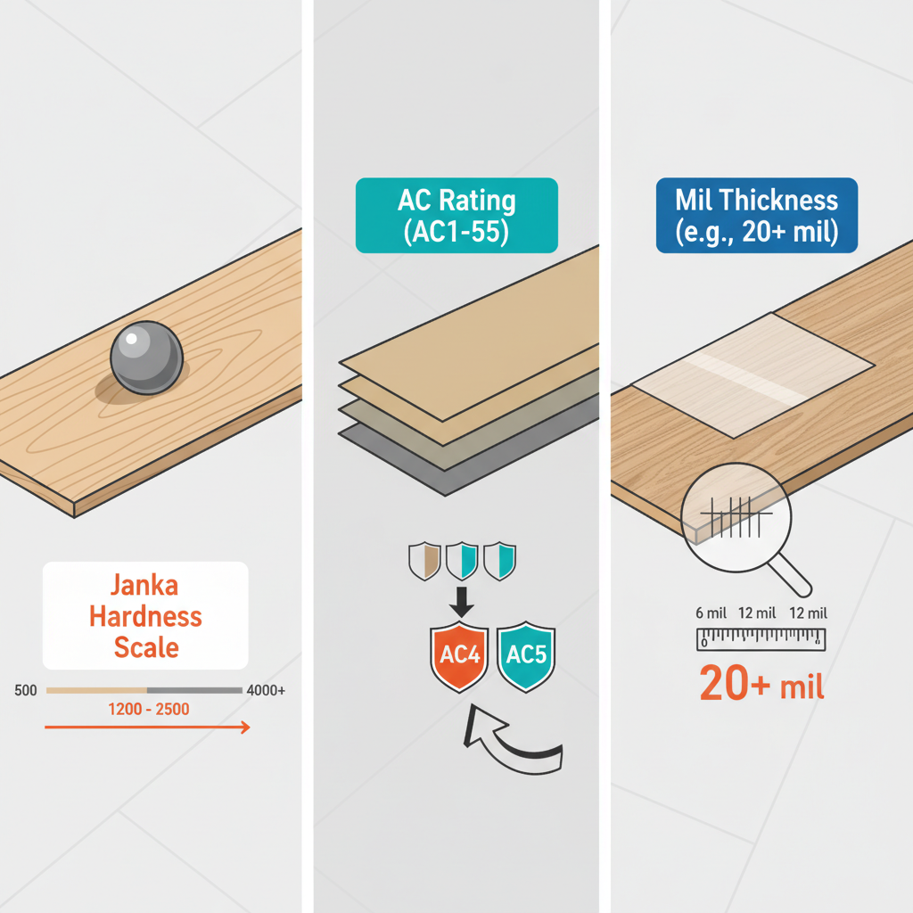 An infographic explaining Janka Hardness Scale for wood, AC Ratings for laminate, and Mil Thickness for Luxury Vinyl Plank, using stylized icons and numbers.