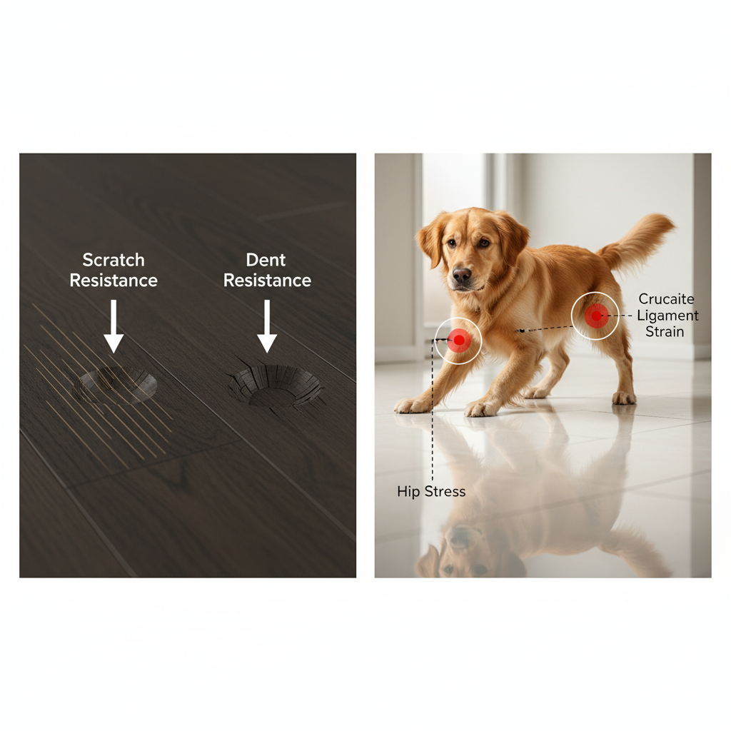 A split-panel illustration. Left panel: A close-up of a floor surface with distinct, fine lines representing scratch damage from a dog's claw, contrasted with a deeper, localized indentation representing a dent from a dropped object. Labels clearly differentiate 'Scratch Resistance' and 'Dent Resistance.' Right panel: A dog (e.g., a Golden Retriever) on a highly polished, slippery floor, with its paws splayed and an expression of discomfort, highlighting stress on its hips and cruciate ligaments. A subtle anatomical overlay showing areas of joint stress. Style: realistic, detailed, with clear visual distinctions and informative labels.