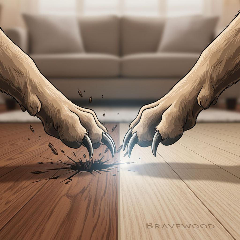 A close-up, dynamic illustration of a large dog's paw with extended claws attempting to scratch two different flooring surfaces. On the left, the claws are visibly damaging and splintering a traditional hardwood surface. On the right, the same claws are shown making contact with a Bravewood Hybrid Hardwood surface, which remains completely unblemished, with a subtle protective glow around it. The background should be a subtle, blurred domestic setting.