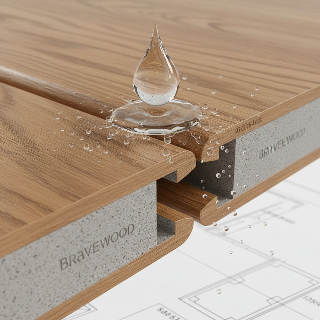 Macro 3D illustration of two Bravewood hybrid hardwood planks interlocking with a 5G click-lock system, showing water repelled from the seam.