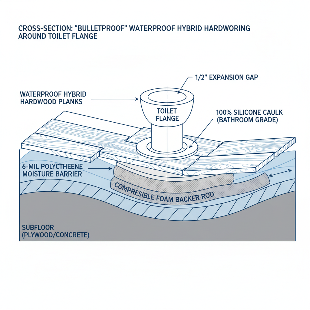 A cross-section diagram illustrating the 'bulletproof' installation of waterproof hybrid hardwood flooring in a bathroom, specifically around a toilet flange. The diagram shows the subfloor, a 6-mil polyethylene moisture barrier, the hybrid hardwood planks, a clear expansion gap around the toilet flange, and this gap meticulously sealed with compressible foam backer rod and 100% silicone caulk. The overall image emphasizes proper layering and sealing techniques.