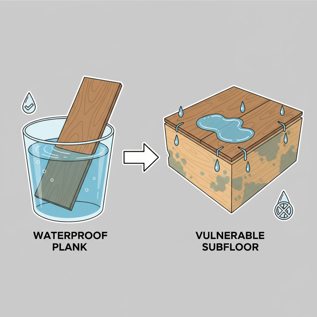 Illustration showing a waterproof hybrid plank intact in water, contrasted with water seeping through installed planks to a vulnerable subfloor below.