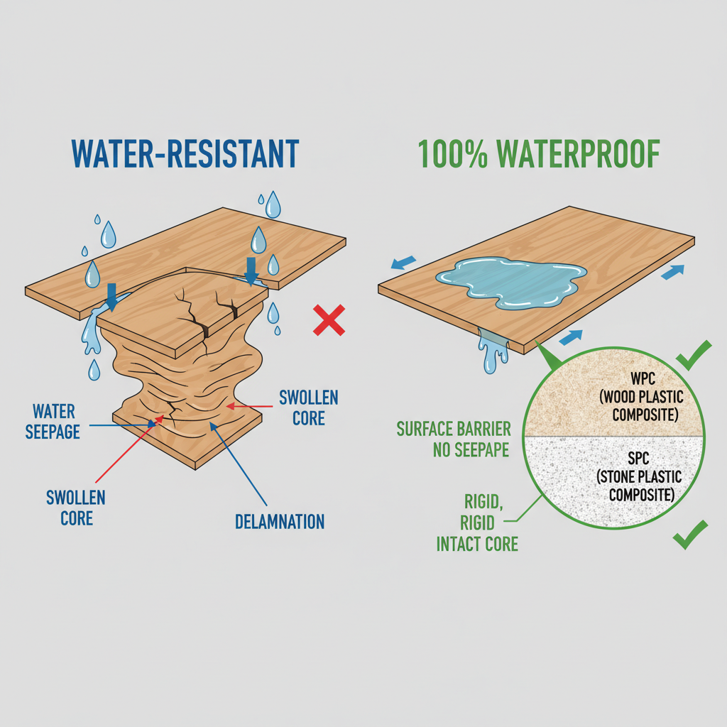 A clear, detailed infographic-style illustration contrasting 'Water-Resistant' vs. '100% Waterproof' flooring. On the left, a cross-section of a 'water-resistant' plank shows water seeping through seams, causing the core to swell and delaminate. On the right, a '100% waterproof' plank has water pooling harmlessly on its surface, with an inset showing its rigid core (half WPC with wood fibers, half SPC with stone powder) intact and unaffected. Use clean lines, clear labels, and a material science aesthetic.